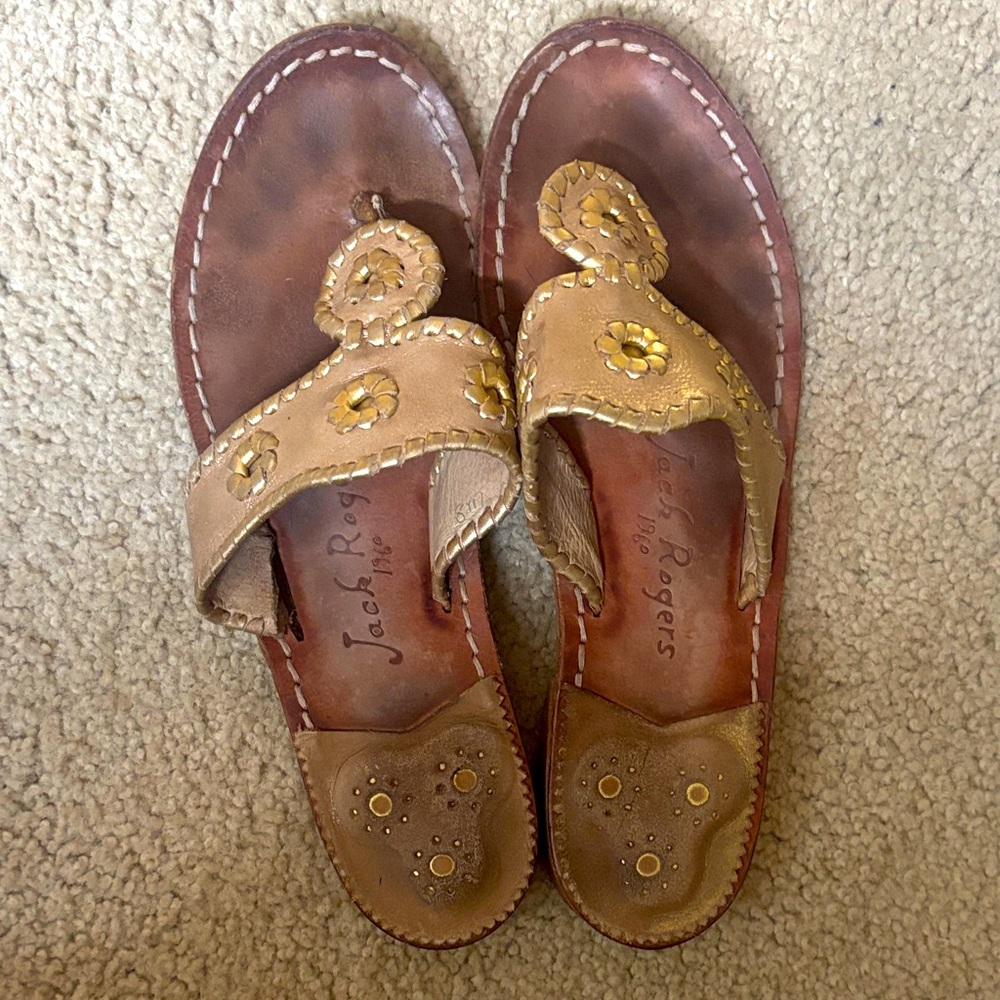Jack Rogers Women's Brown and Gold Sandals. Size 8